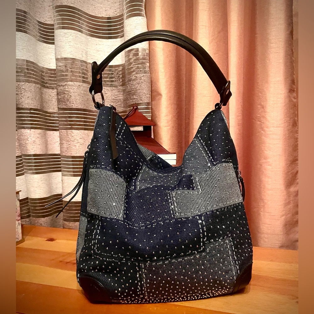 New NWT Italian brand blue denim sparkly shopping shoulder bag